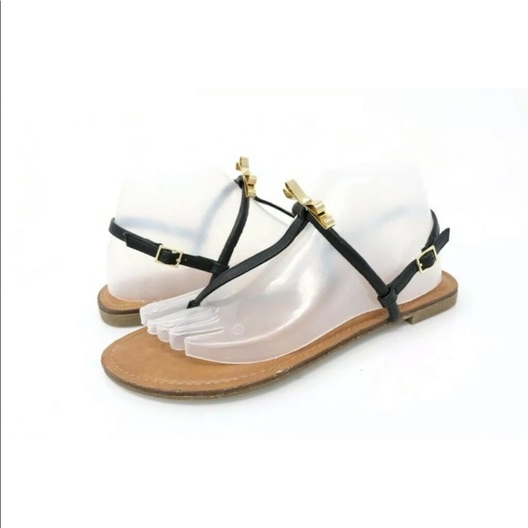 Merona Shoes - Merona Ankle T-Strap Sandals Black Gold Bow Buckle